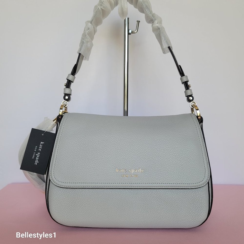 KATE SPADE Hudson Pebbled Leather Medium Flap Convertible Shoulder Bag-Platinum⭐